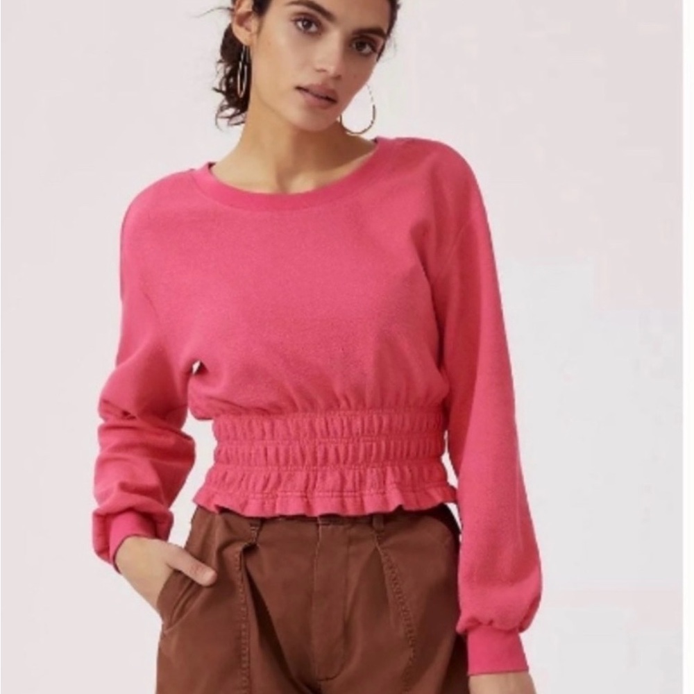 Free People Pink Smocked Waist Long Sleeve Tee size m